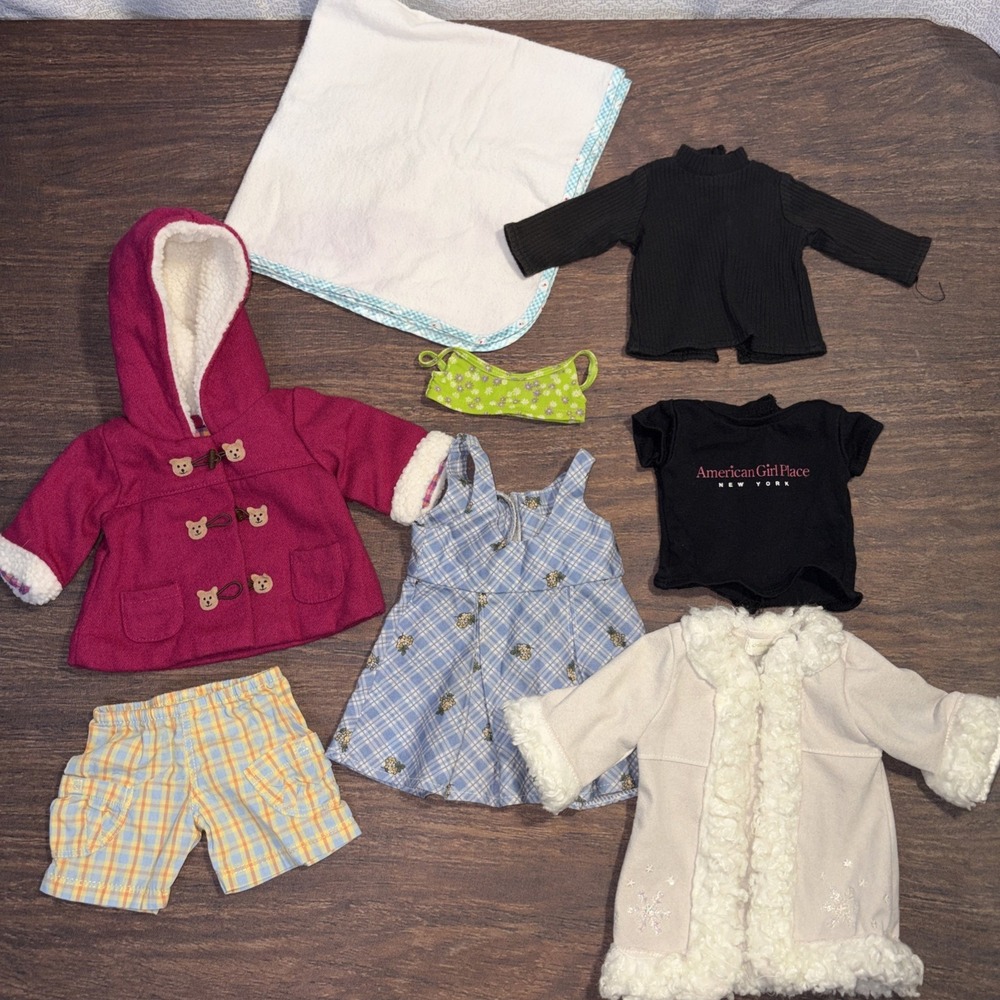 American Girl Bitty Baby 8 Piece Clothing Bundle Gingham Dress Toggle Coat